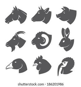 Farm animals and birds icon set