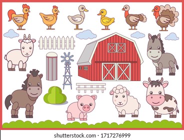 Farm Animals And Birds Isolated On White Background. Village Barn. Collection Cute Cartoon Animals Characters. Farm Birthday Decor. Vector Illustration.