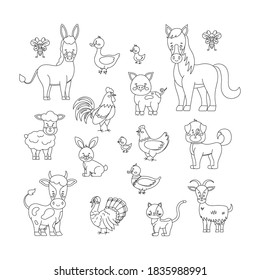 Farm animals and birds line art set isolated on white background. Cute linear livestock poultry  character - sheep, goat, cow, donkey, horse, pig. Vector flat editable linear silhouette illustration.