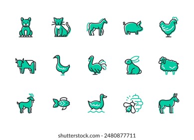 Farm animals and birds - set of line design style icons isolated on white background. High quality images of dog, cat, horse, pig, cow, chicken, sheep, goat. hare, bee, donkey, turkey and fish