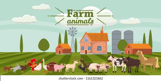 Farm animals and birds set in trendy cute style, including horse, cow, donkey, sheep, goat, pig, rabbit, duck, goose, turkey, rooster,ram, dog, cat, bull and chicken, isolated on rural landscape, farm