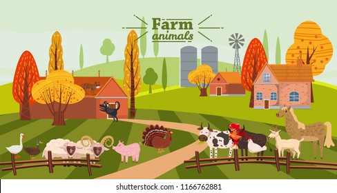 Farm animals and birds set in trendy cute style, including horse, cow, donkey, sheep, goat, pig, rabbit, duck, goose, turkey, rooster,ram, dog, cat, bull and chicken, isolated on rural landscape, farm