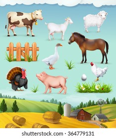 Farm, animals and birds set of vector icons