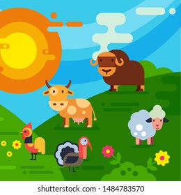 Farm animals and birds or stockyard vector illustration. Cartoon cow, sheep and bull, turkey and chicken on green field with flowers and sun and clouds. Stockyard animals for kids book.
