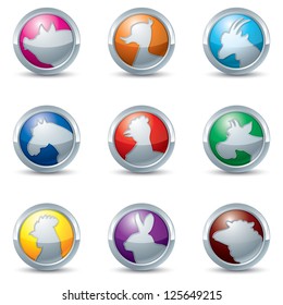 Farm animals and birds vector icon set