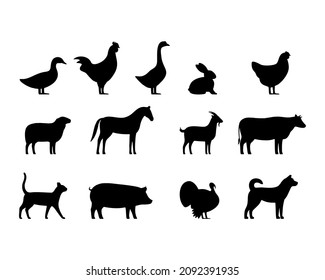 Farm animals black icons set, Livestock, vector illustration