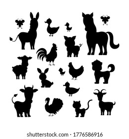 Farm animals black silhouette set isolated on white background. Character contour - cat turkey, sheep, goat, cow, donkey, horse, pig, duck, goose, hen, chicken, rooster Vector flat design illustration