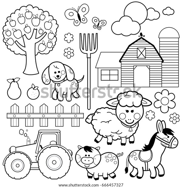 Farm Animals Black White Coloring Book Stock Vector Royalty Free