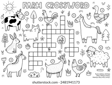 Farm animals black and white crossword for kids with cute characters. Word search puzzle in outline. Educational game with cow, pig, horse, sheep and more. Vector illustration