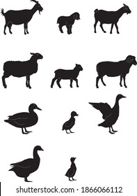 Farm animals black and white silhouettes 