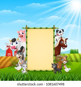 Farm animals with a blank sign bamboo