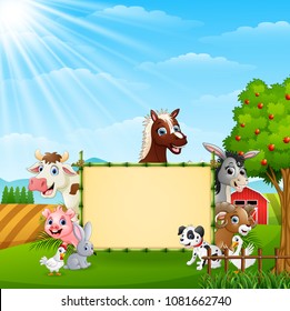 Farm animals with a blank sign bamboo