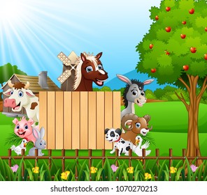 Farm animals with a blank sign  board 