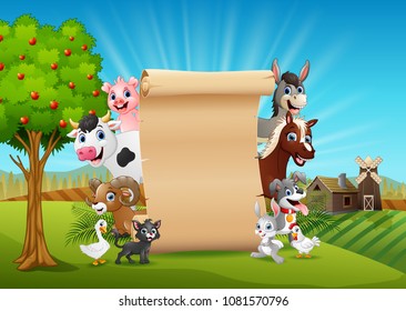 Farm animals with a blank sign paper