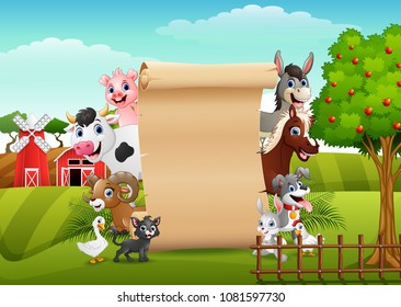 Farm animals with a blank sign paper