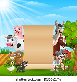 Farm animals with a blank sign paper