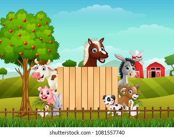 Farm animals with a blank sign wood