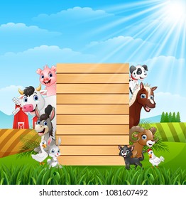 Farm animals with a blank sign wood