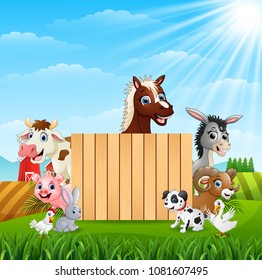 Farm animals with a blank sign wood