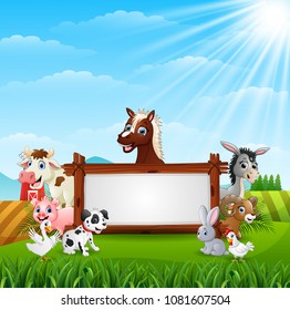 Farm animals with a blank sign wood