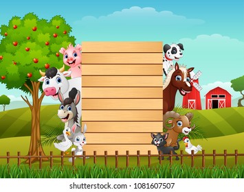 Farm animals with a blank sign wood