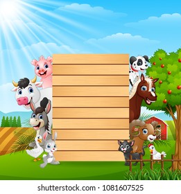 Farm animals with a blank sign wood