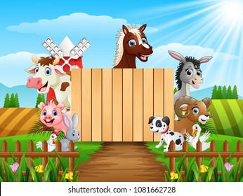 Farm animals with a blank sign wood