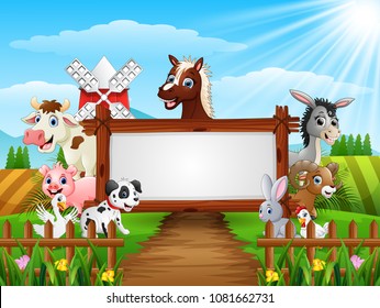 Farm animals with a blank sign wood