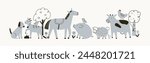 Farm animals border in Scandinavian doodle style. Cute hand-drawn countryside livestock, horse, cow, pig. Horizontal country decoration. Scandi flat vector illustration isolated on white background