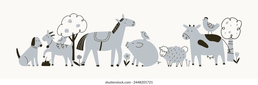 Farm animals border in Scandinavian doodle style. Cute hand-drawn countryside livestock, horse, cow, pig. Horizontal country decoration. Scandi flat vector illustration isolated on white background