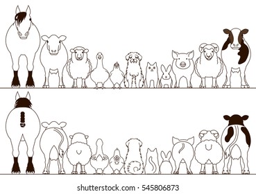 farm animals border set, front view and rear view, line art