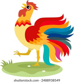 Farm Animals. A bright rooster walks on the grass on a white background. Baby flat vector illustration.
