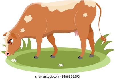 Farm Animals.  A brown cow eats grass on a white background. Baby flat vector illustration.