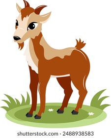 Farm Animals. Brown goat on green grass on a white background. Baby flat vector illustration.