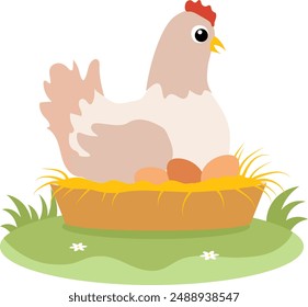 Farm Animals. A brown hen sits in a nest with eggs on the grass. Baby flat vector illustration.