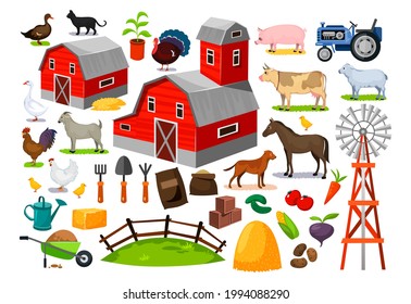 Farm animals, buildings and object set. Goat, cow, pig, horse, duck, rooster, chicken, goose etc. Cartoon farm related icons set. Vector illustration. Agriculture farm life clipart collection