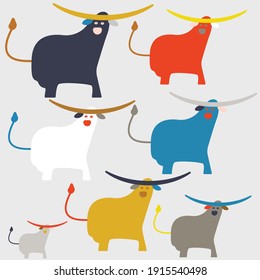 Farm animals, bulls in yellow, red, white, grey and blue, vector
