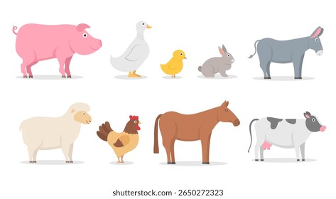 Animais de fazenda empacotamento com bonitos desenhos animados porco vaca cavalo cabra ovelha galo pato galo cão coelho coelho abelha animal de estimação filhote burro vetor engraçado ilustração fundo barnyard clipart crianças isoladas

