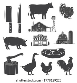 Farm animals, butsher shop, farm, steak, kitchen knife silhouettes isolated on white. Vector illustration. Rural landscape with trees, farm, butchery shop