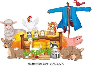 Farm animals by the fence illustration