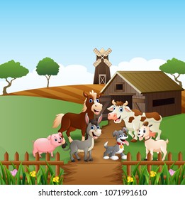 Farm animals at cage background