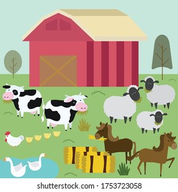 Farm and animals with cage behind vector illustration in flat style. Sheep, horse, rooster, chicken, goose, hen and cow. Dayly live of countryside farm.


