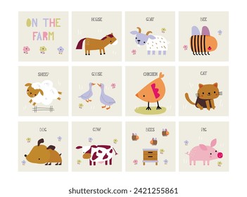 Farm animals cards. agriculture animals vector set for educational kids cards. illustrations cat, cow, goose, bees, goat, dog, horse, sheep, pig, chicken, beehive in hand draw style