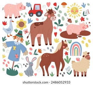 Animales de granja. Caricatura de mamíferos agrícolas. Linda vaca y cerdo. Tractor de campo. Espantapájaros de las tierras agrícolas. Oveja de corral. Ganso doméstico. Sol y flores. Caballo pastando. Conjunto de Elementos infantiles de agricultura de Vector