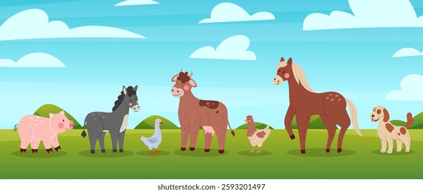 Farm animals. Cartoon agriculture mammals row. Cute cow and pig. Domestic goose. Grazing horse. Shepherd dog. Donkey at meadow. Countryside panorama. Summer village farmland. Vector farming landscape