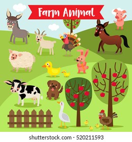 Farm Animals cartoon and apple trees. 