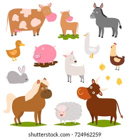 Farm animals cartoon characters family rural organic harvest farming domestic agriculture thoroughbred vector illustration.