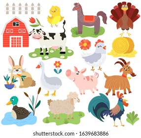 Farm animals cartoon characters, isolated icons vector illustration. Cute domestic animals cow, pig, horse, rooster and sheep. Funny farmstead chicken, rabbit, goat, goose and turkey in childish style