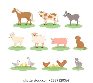 Animales de granja. Recogida de animales de dibujos animados: caballo, vaca, burro, oveja, cabra, cerdo, gato, perro, pato, ganso, pollo, gallo. Ilustración vectorial. 