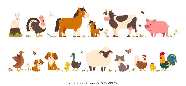 Animales de granja. Animales domésticos de dibujos animados. Lindo ganado de campo. Adorable vaca, cerdo, caballo, gato, pollo, perro, oveja. Conjunto de Vector divertido de pájaros y animales.